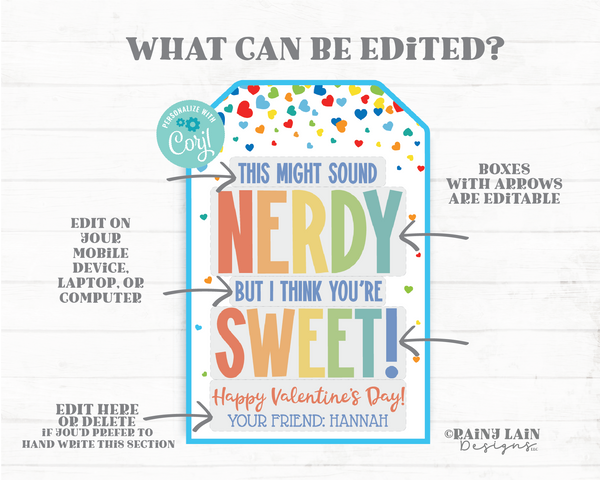 Nerd Valentines Day Gift Tag, Cute Nerdy Valentine, Candy Valentine Tag Downloadable, Editable Valentine, Non-Candy, Preschool, Easy Class
