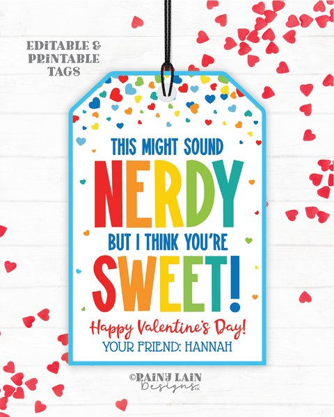 Nerd Valentines Day Gift Tag, Cute Nerdy Valentine, Candy Valentine Tag Downloadable, Editable Valentine, Non-Candy, Preschool, Easy Class