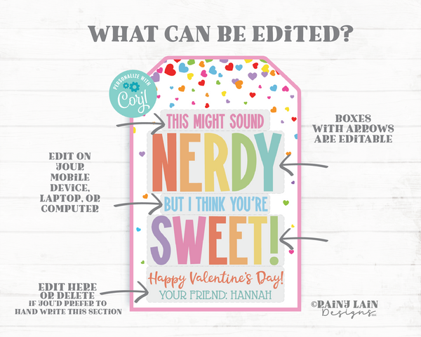 Cute Nerdy Valentine Tag, Editable Valentine, Nerd Valentines Day Gift, Non-Candy, Candy Valentine Tag Downloadable, Preschool, Easy Class