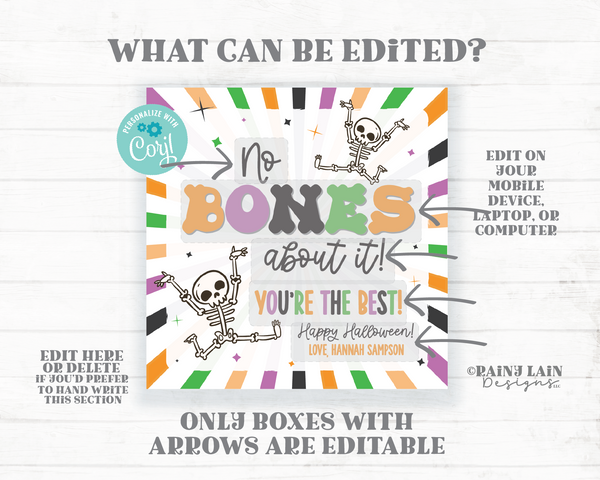 No Bones About It Halloween Tag, Editable Thank You Printable Teacher Appreciation Employee Staff Recognition Gift Skeleton Digital Download