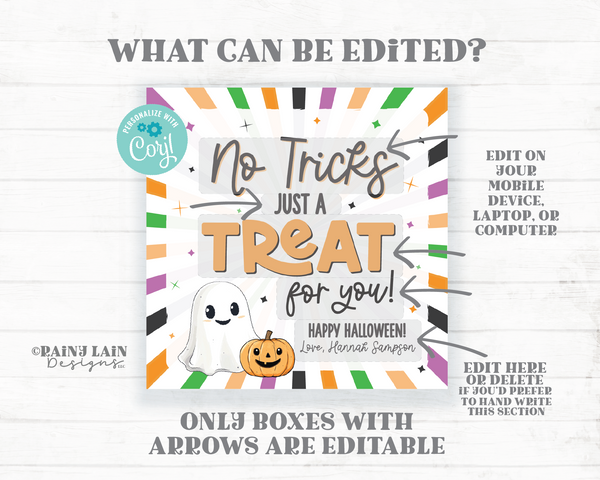 No Tricks Just a Treat for You Halloween Gift Tag Editable Trick or Treat Party Favor From Teacher To Student Classroom School Staff PTO PTA