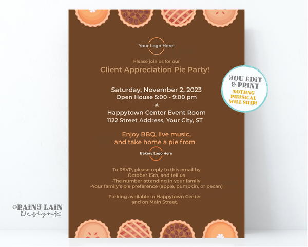 Appreciation Pie Party Flyer, Pie Night Invitation, Fundraiser, Contest, Pie and Wine Invite, Pie and Cocktails, Friendsgiving Thanksgiving