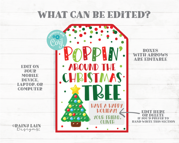 Poppin Around the Christmas Tree Pop Gift Tag Popping Holiday Fidget Toys Teacher to Student Classroom Preschool Kids Editable Tag