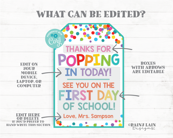 Thanks for Popping in today tag, See you on the first day of school student welcome meet the teacher back to school popcorn pop toy