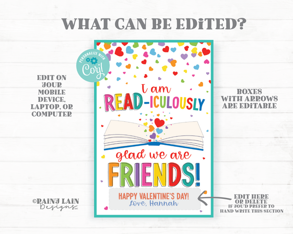 Bookmark Valentine, Printable Valentine's Day Tag, Read-iculously, Reading Valentine Card, Book, Classroom, Exchange, Classmate, Non-Candy