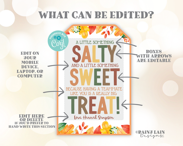 Salty Sweet Treat Tag, Fall Appreciation Gift, Thanksgiving Something Salty and Sweet, Autumn, Teammate, Teacher, Staff PTO School Team