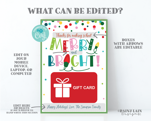 Thank You For Making School Merry and Bright Gift Card Holder, Printable Teacher Christmas GiftCard Holder Editable Holiday School PTO PTA