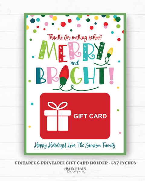 Thank You For Making School Merry and Bright Gift Card Holder, Printable Teacher Christmas GiftCard Holder Editable Holiday School PTO PTA