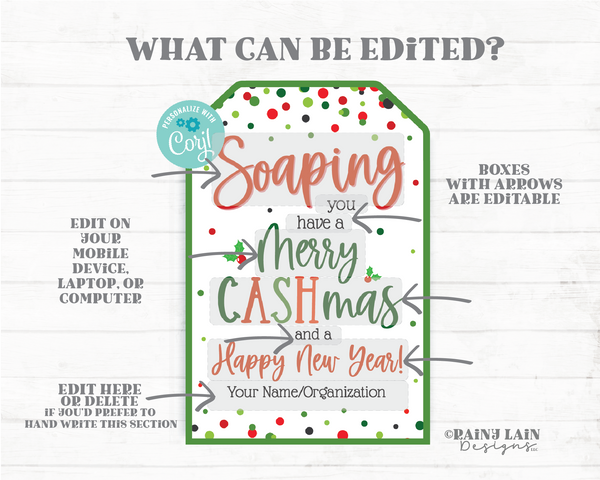Soaping You Have a Merry CASHmas Editable Tag Happy New Year Holiday Soap Gift Money Gift Card Handmade Staff Teacher Hand Dish Exchange