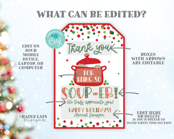 Christmas Soup Gift Tag, Editable Holiday Appreciation, Staff, Super Soup-er, Employee Lunch Teacher Thank You, Printable Template