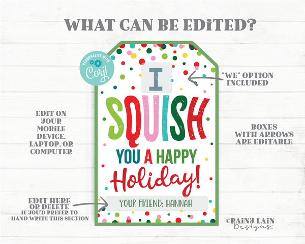 Squish You a Happy Holiday Squishy Toy Squishies Christmas Gift Squishee Printable Kids Holiday Squishies Winter Break Editable Tag