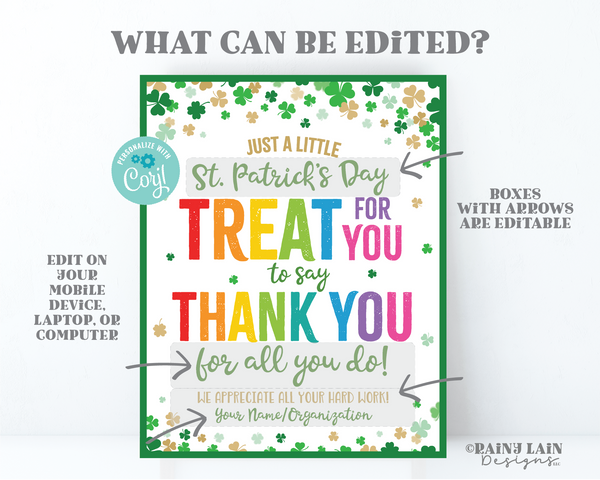 St Patrick's Day Appreciation Sign, Treat for you to say Thank you for all you do, St Patty's Lounge Sign School Teacher Staff Employee