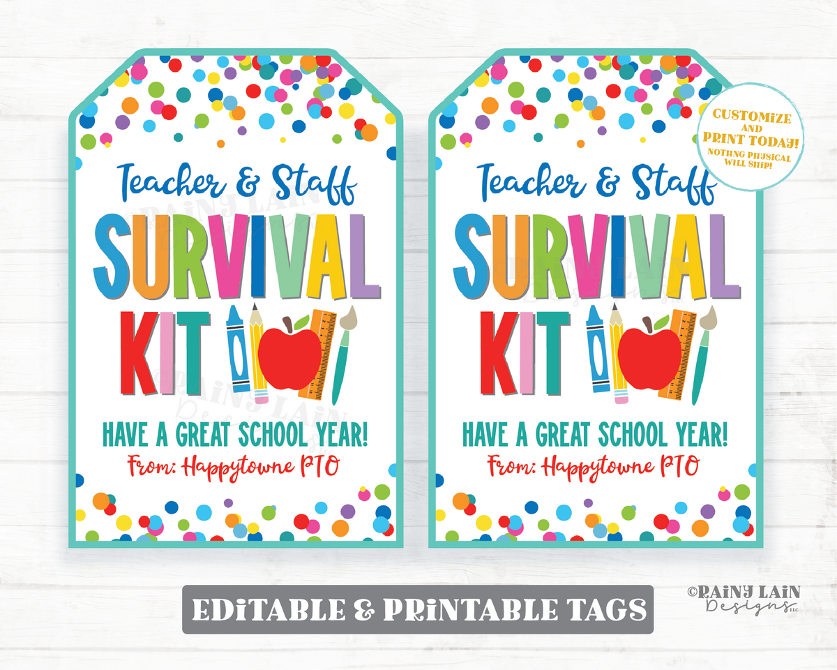 Teacher and Staff Survival Kit Tag Editable Back to School 1st Day Gif ...