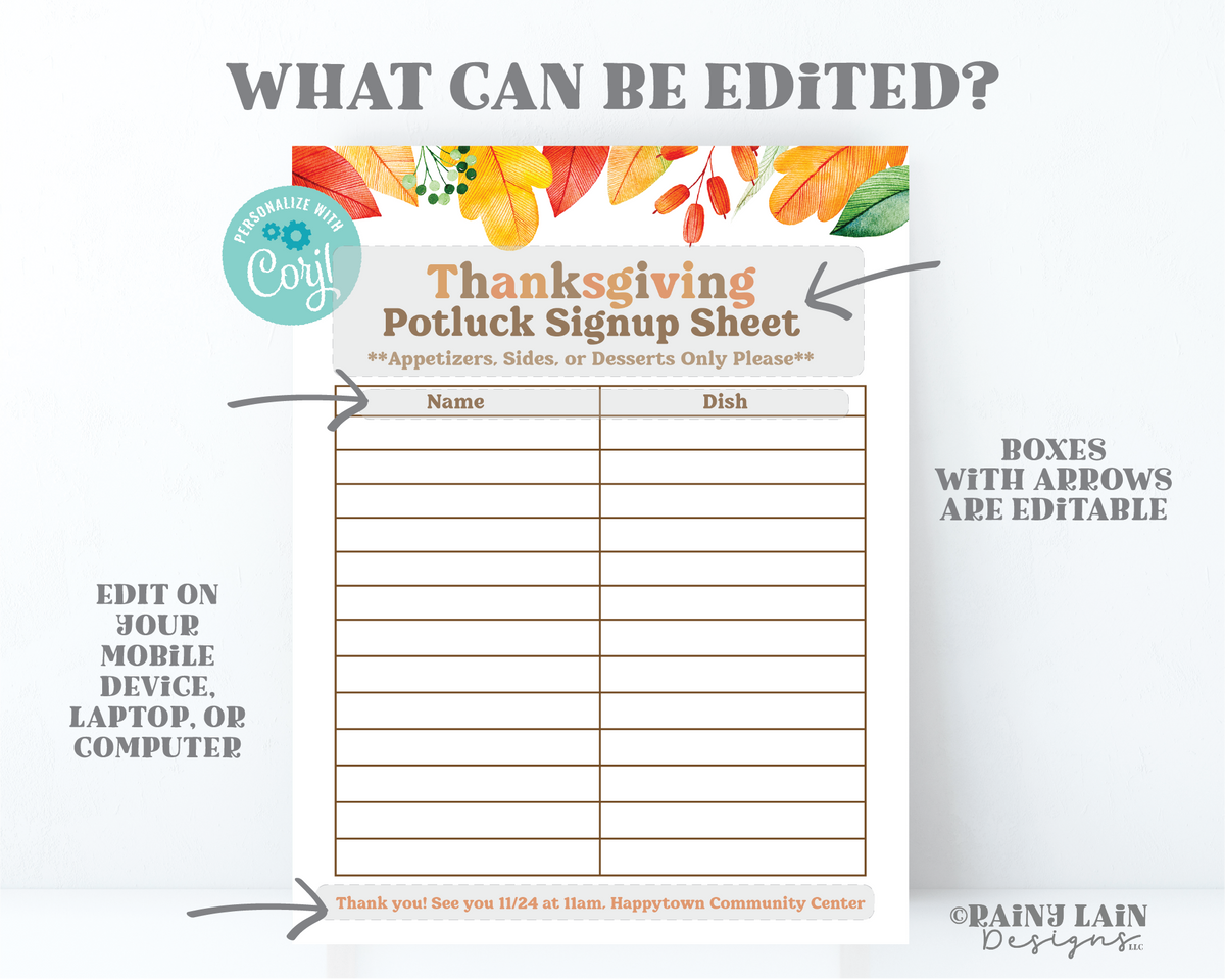Editable Thanksgiving Potluck Flyer, Signup Sheet Template, Printable – Rainy Lain Designs LLC for Thanksgiving Potluck Sign Up Sheet Free Printable