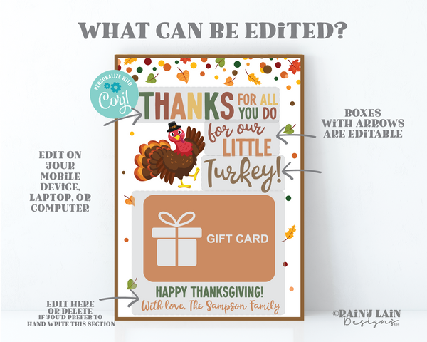 Thanksgiving Gift Card Holder, Editable Teacher Thanks for all you do for our Little Turkey, Printable Fall Appreciation, School PTO PTA