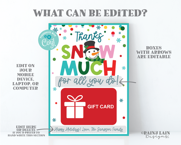 Thanks SNOW much for all you do Gift Card Holder, Editable Holiday Appreciation, Printable Teacher Christmas GiftCard Holder School PTO PTA