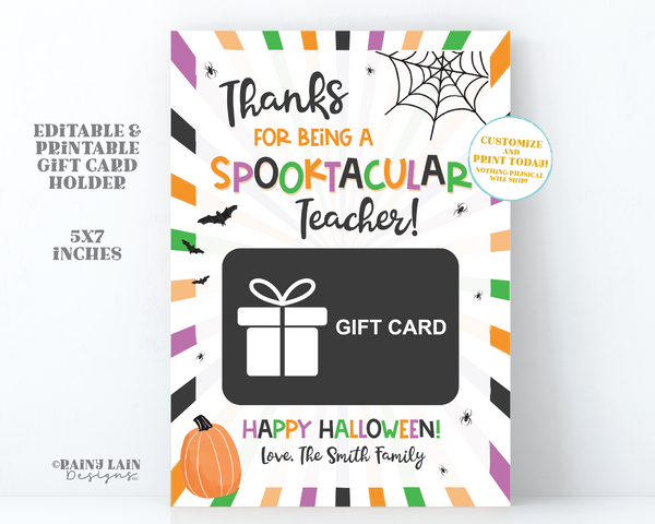 Editable Halloween Printable Gift Card Holder for Teacher, Thank you Spooktacular Teacher, Easy Halloween Teacher Gift Instant Download