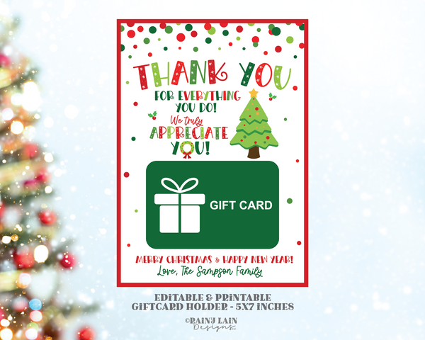 Christmas Giftcard Holder Printable Thank you for all you do Appreciate Holiday Gift Card, Appreciation, Teacher, Staff Employee, School