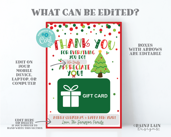 Christmas Giftcard Holder Printable Thank you for all you do Appreciate Holiday Gift Card, Appreciation, Teacher, Staff Employee, School