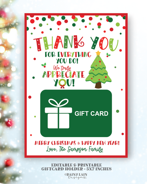 Christmas Giftcard Holder Printable Thank you for all you do Appreciate Holiday Gift Card, Appreciation, Teacher, Staff Employee, School