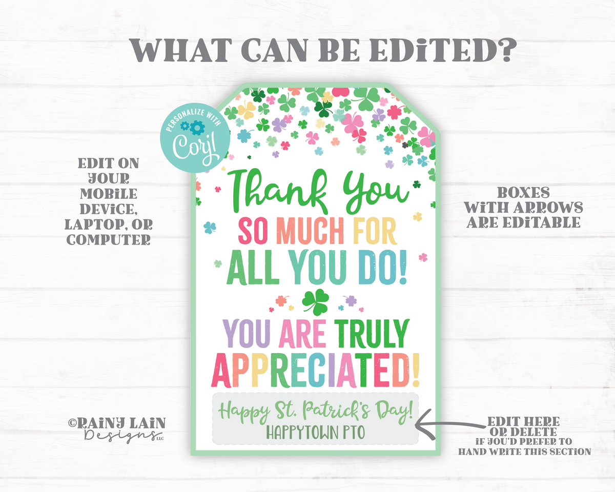 St Patrick's Day Gift Tag Thank You for all you do Staff Appreciation ...
