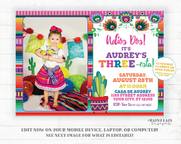 Three-esta Birthday Invitation with Photo, Girl THREEesta Invitation, Adios Dos, 3rd Birthday Fiesta Invitation Cactus, Floral Serape Invite
