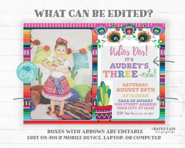 Three-esta Birthday Invitation with Photo, Girl THREEesta Invitation, Adios Dos, 3rd Birthday Fiesta Invitation Cactus, Floral Serape Invite
