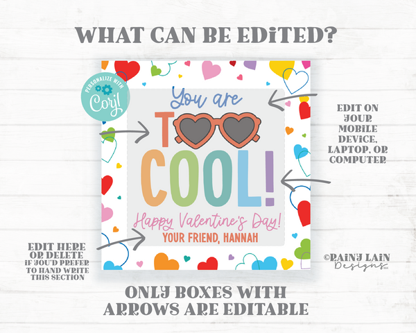 You're Too Cool Valentine, Sunglasses Tag, Editable Square, Sun, Non-Candy Gift Preschool Classroom Printable Digital Download