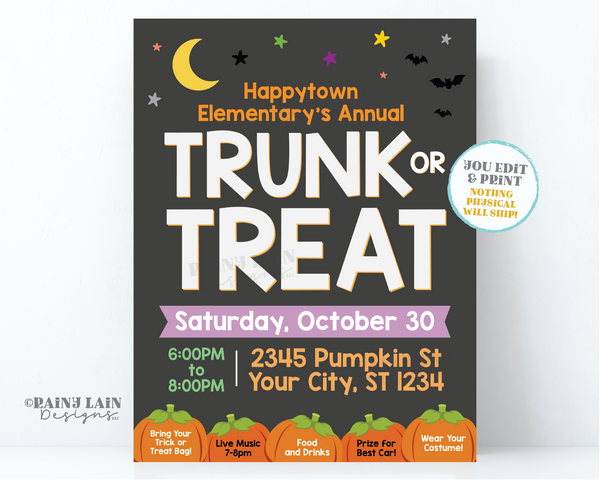 Editable Trunk or Treat Flyer, Printable Halloween Party Invitation, Neighborhood, School, HOA Church School Community, Digital Invite