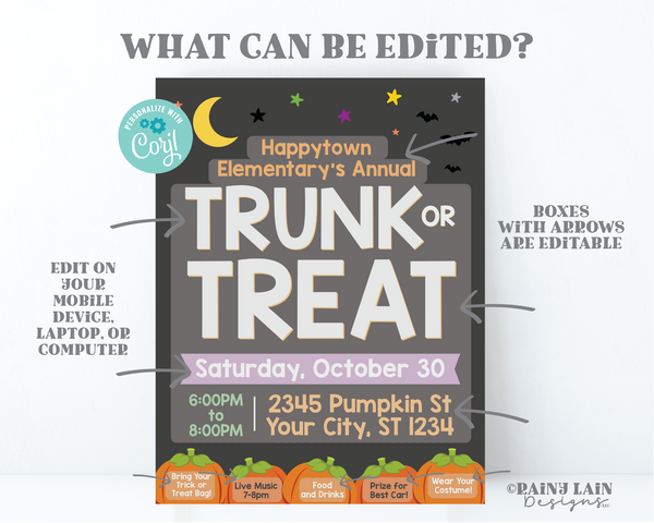 Editable Trunk or Treat Flyer, Printable Halloween Party Invitation, Neighborhood, School, HOA Church School Community, Digital Invite