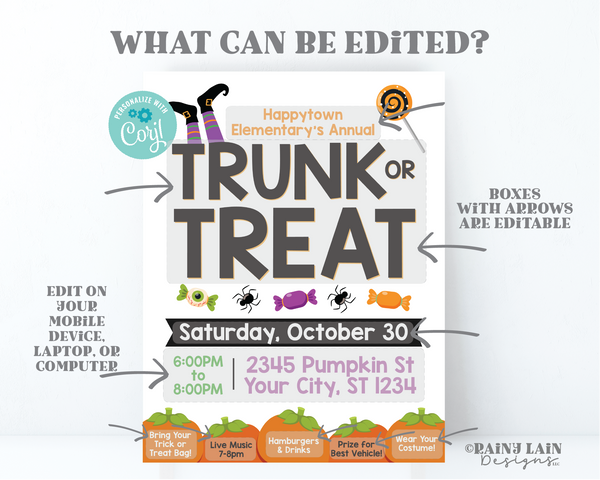 Trunk or Treat Flyer, Editable Halloween Invite, Editable Party, Neighborhood, School, HOA Church School Community, Digital Download