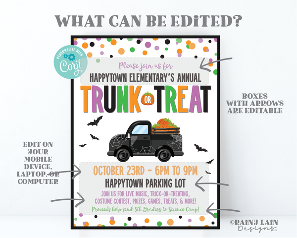 Editable Halloween Trunk or Treat Flyer Printable Flier Bats Invitation Truck Invite Confetti Neighborhood HOA Church School Community