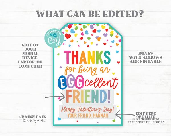 Valentine's Day Printable Tag, Eggcellent Friend, Classroom Exchange, Surprise Egg Valentine, Team, Preschool, Editable, Teammate, Friend
