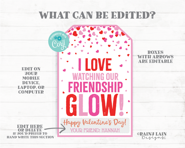 I love Watching Our Friendship Glow Valentine Tag, Glow Stick, Bracelet, Lite, Finger Lights, Preschool Classroom Kids Printable Non-Candy