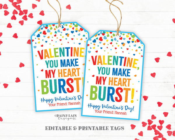 Heart Burst Valentine Gift Tag, Easy Class Valentine, Candy, Preschool, Classroom, Printable Kids Valentine Exchange, Downloadable, Editable