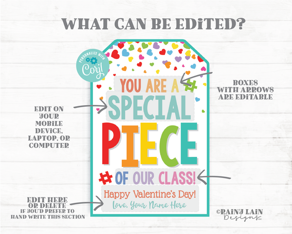 Special Piece of our Class Valentine Tag Editable Gift Tag Puzzle Building Block Classroom Digital Download From Teacher to Student