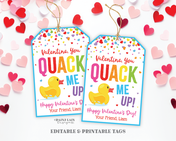Rubber Duck Valentine Printable, You Quack Me Up Valentine's Day Gift Tag, Ducky, Duckie, Preschool Classroom Kids Non-Candy Editable, Easy