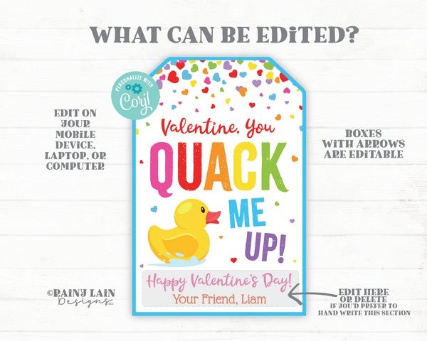Rubber Duck Valentine Printable, You Quack Me Up Valentine's Day Gift Tag, Ducky, Duckie, Preschool Classroom Kids Non-Candy Editable, Easy