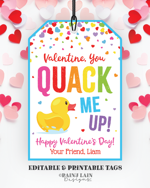 Rubber Duck Valentine Printable, You Quack Me Up Valentine's Day Gift Tag, Ducky, Duckie, Preschool Classroom Kids Non-Candy Editable, Easy