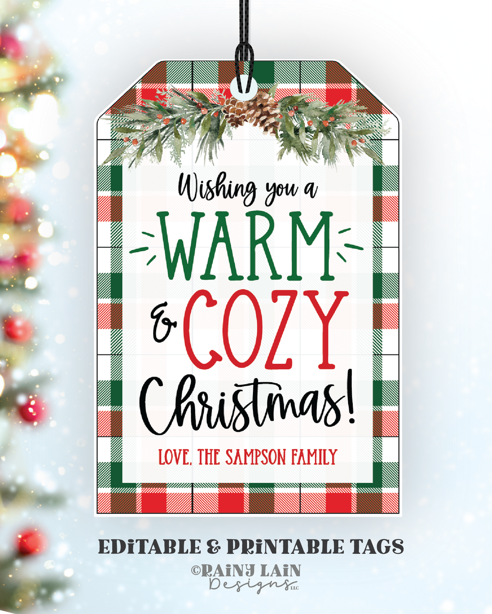 warmandcozychristmas plaid image wishing you a warm and cozy christmas tag, editable holiday gift