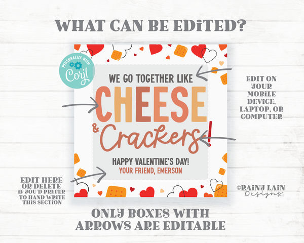 Cheese Crackers Valentine Tag, Cheesy Valentines Day Card, Candy Free Valentine Class Room School Exchange, Tween, Pre School Valentine