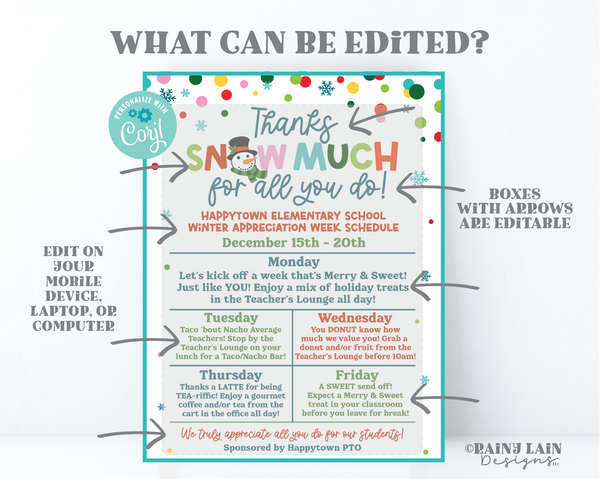 Editable Holiday Appreciation Week Schedule, Printable Snow Much, Snowman, Teacher, Staff, Office, Hospital, Winter Flyer Itinerary
