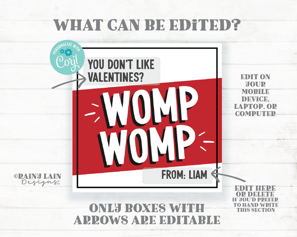 Womp Womp Valentine Tag, Tween, Middle School Valentine Exchange, Easy Class Valentine, Funny