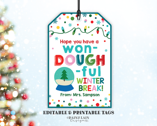 Won-DOUGH-ful Winter Break Tag Play dough Gift Christmas Holiday Playdough From Teacher to Student Classroom Preschool Printable Non-Candy