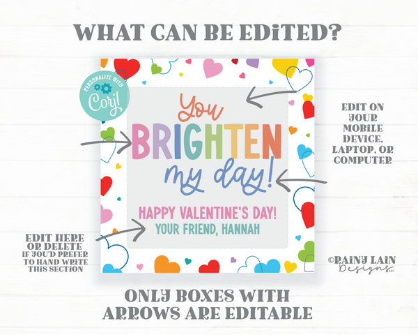 You Brighten My Day Valentine, Sunglasses Tag, Editable Square Glow Stick, Non-Candy Gift Preschool Classroom Printable Digital Download