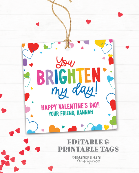 You Brighten My Day Valentine, Sunglasses Tag, Editable Square Glow Stick, Non-Candy Gift Preschool Classroom Printable Digital Download