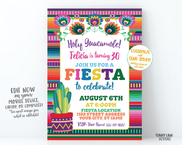 Fiesta Birthday Invitation Printable Fiesta Invite Mexican Fiesta Serape Holy Guacamole Cactus Adult 30th Birthday 1st Fiesta 40th 50th 21st