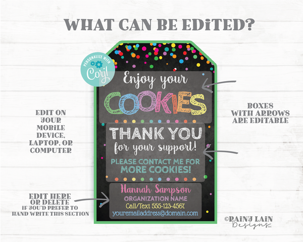 Cookie Thank You Tag Editable Cookies Fundraiser Printable Booth Sales Thank You Support Bakery Bake Sale Confetti Green Gift Favor Delivery