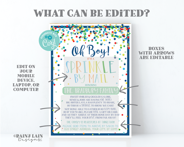 Baby Sprinkle By Mail Invitation Boy Baby Sprinkle Invite, Boy Sprinkle Ideas Sprinkle Shower Long Distance Sprinkle Navy Blue, Mint, Oh Boy