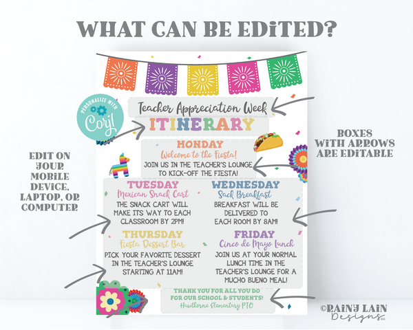 Teacher Appreciation Schedule Teacher Appreciation Week Itinerary Flyer Luncheon Invitation Taco bout Poster Nacho Average Fiesta Sign